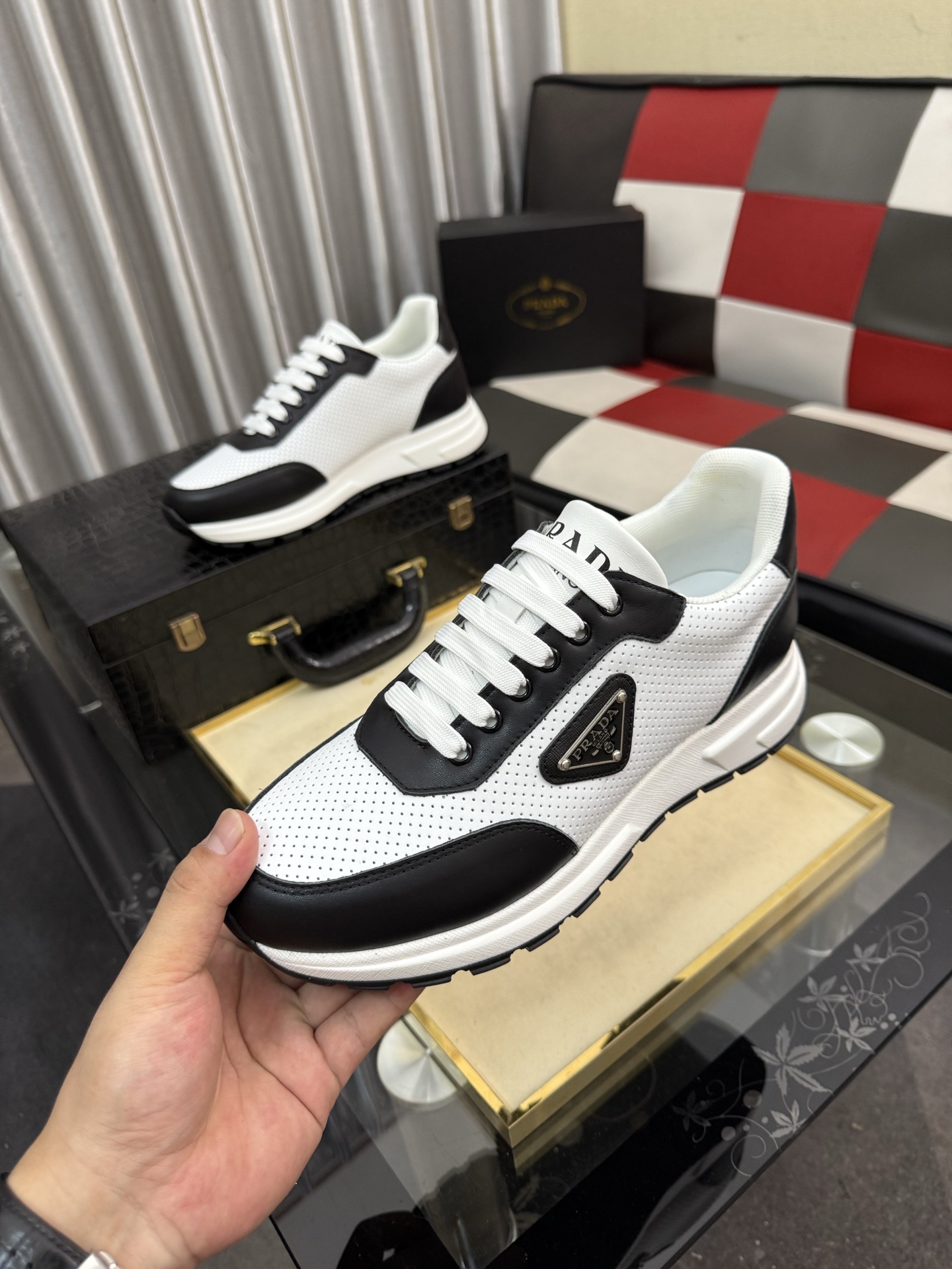 PRADA metal triangle logo perforated leather platform casual sneakers - Image 7