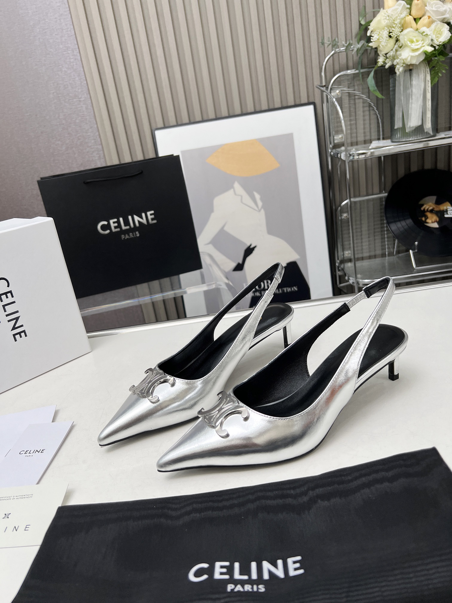CELINE Arc de Triomphe Pointed-Toe Open-Back Stiletto Sandals - Image 4