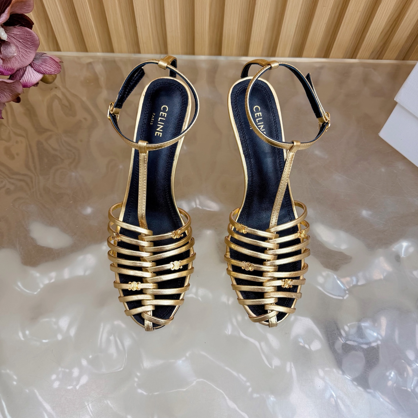CELINE Metal Woven T-Shaped Triangle High-Heeled Sandals - Image 8