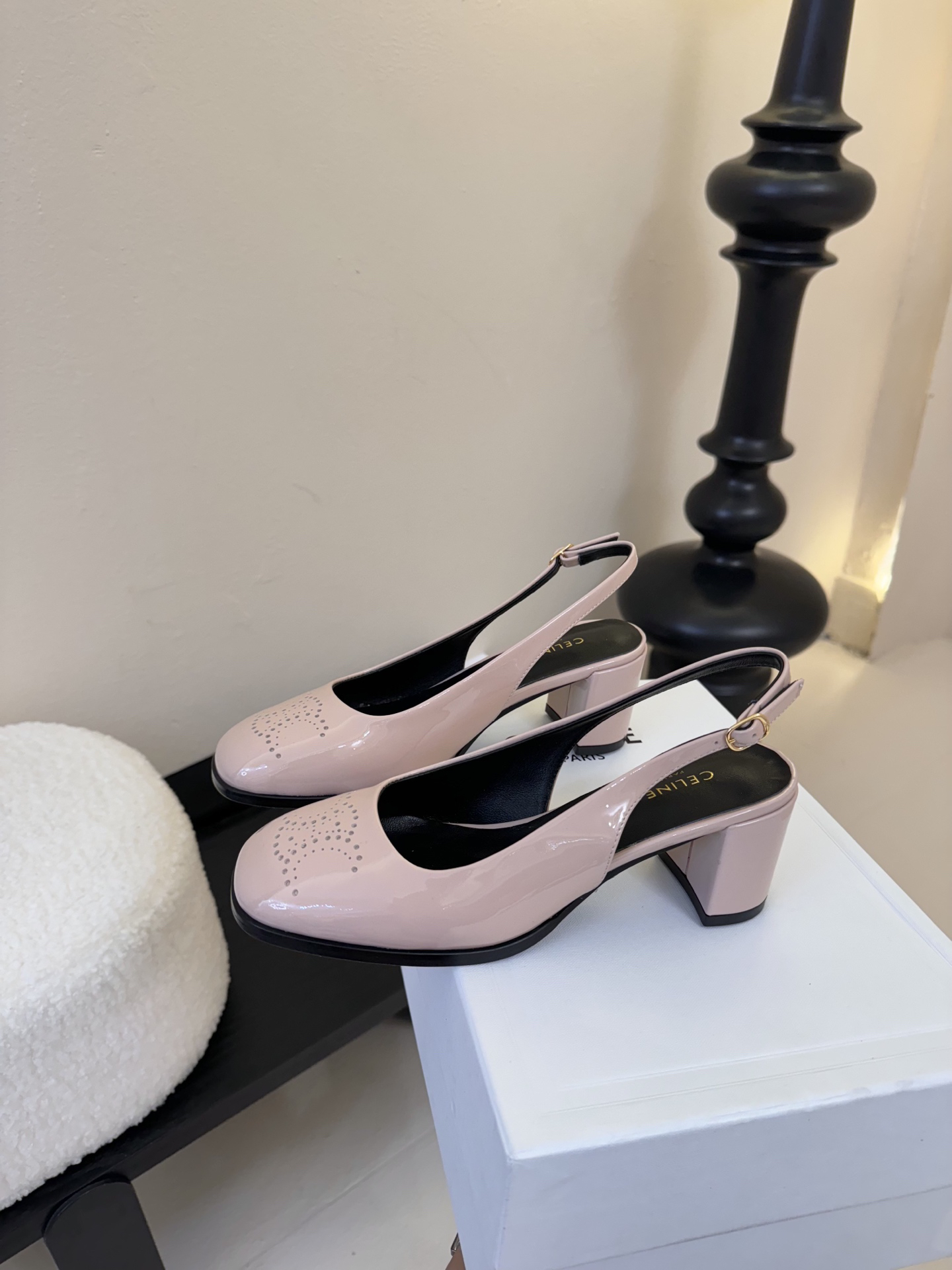 CELINE Perforated Arc de Triomphe Backless Chunky Heel Mary Jane Sandals - Image 7