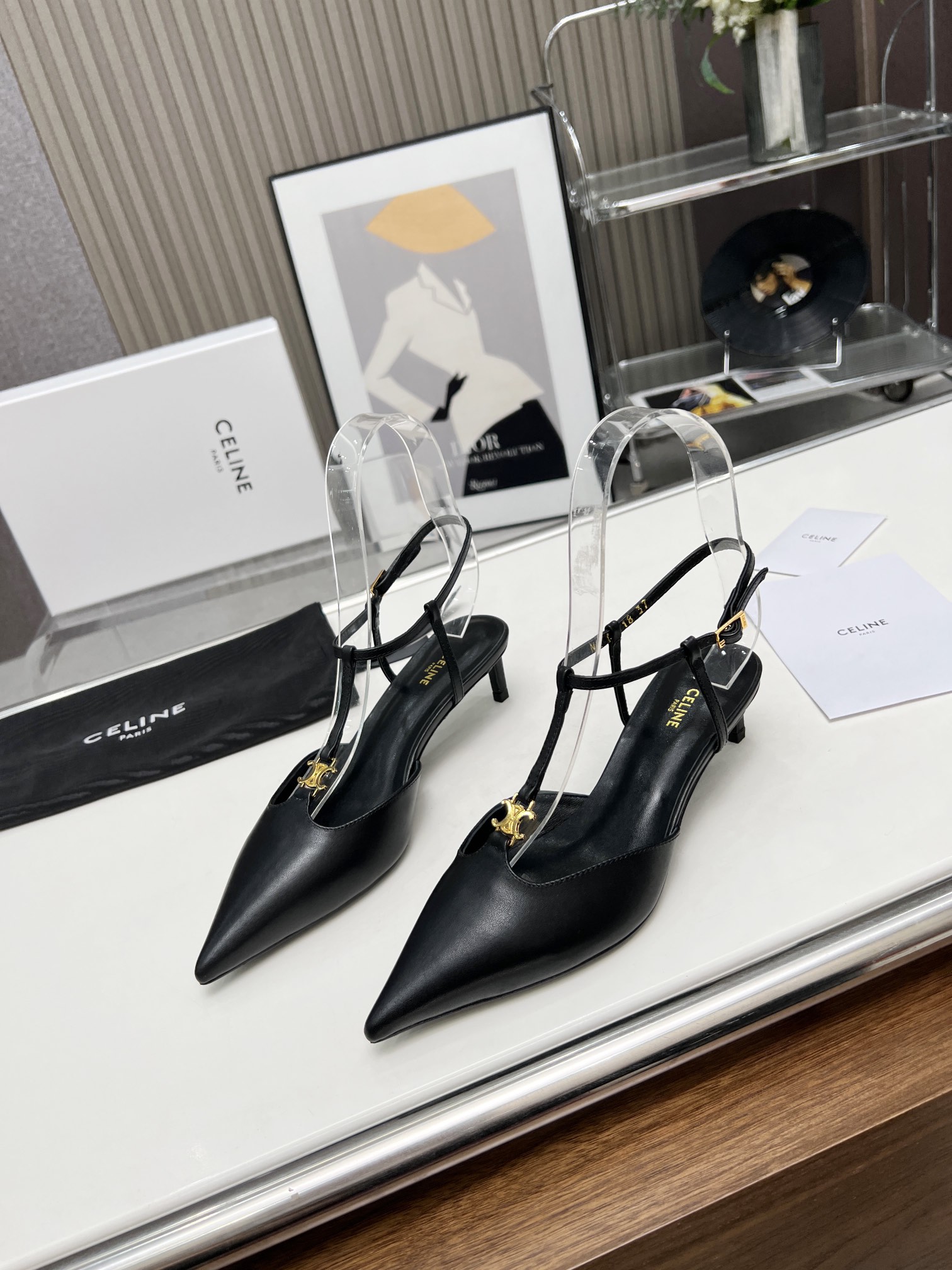 CELINE Triomphe T-strap pointed-toe stiletto sandals - Image 5