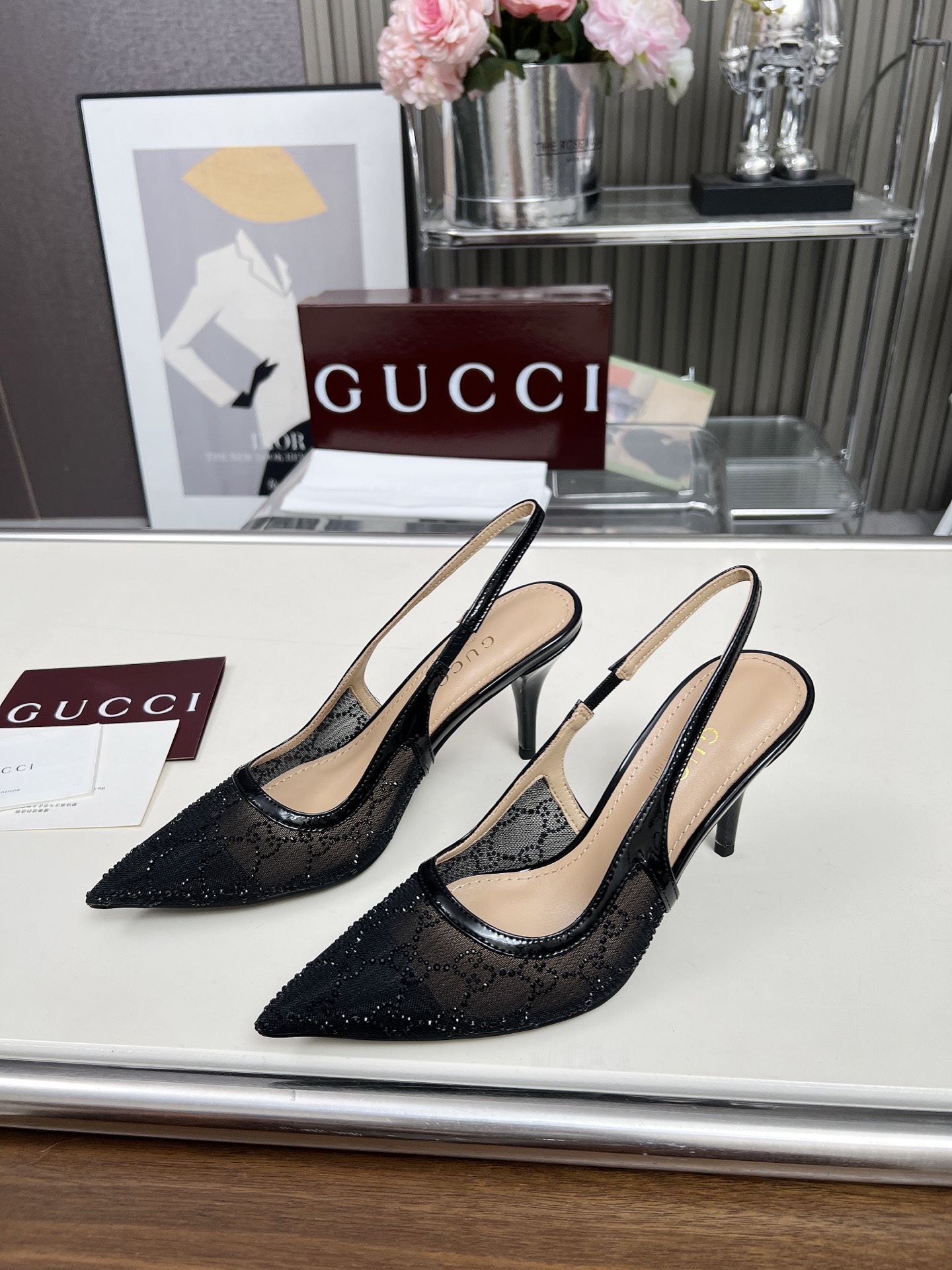 GUCCI Double G Rhinestone Lace Open Back Stiletto Sandals - Image 5