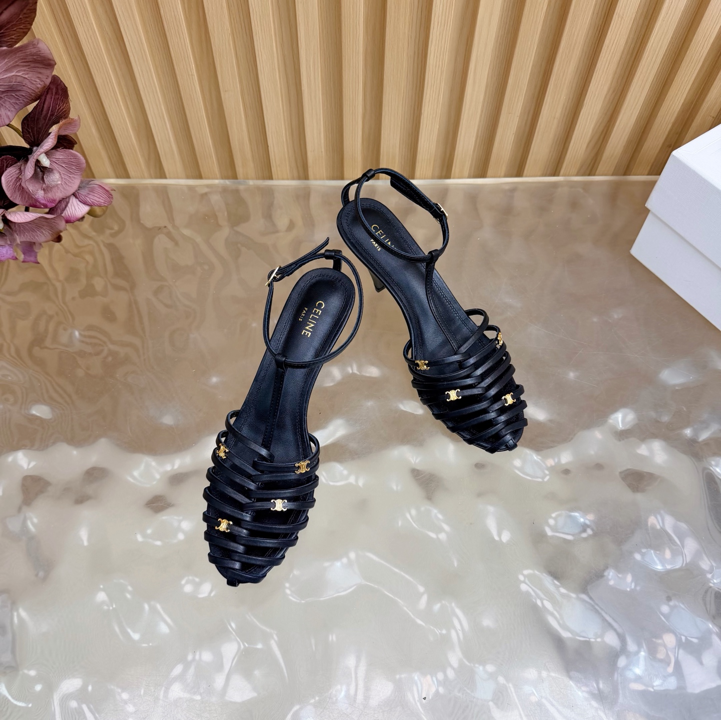 CELINE Metal Woven T-Shaped Triangle High-Heeled Sandals - Image 2