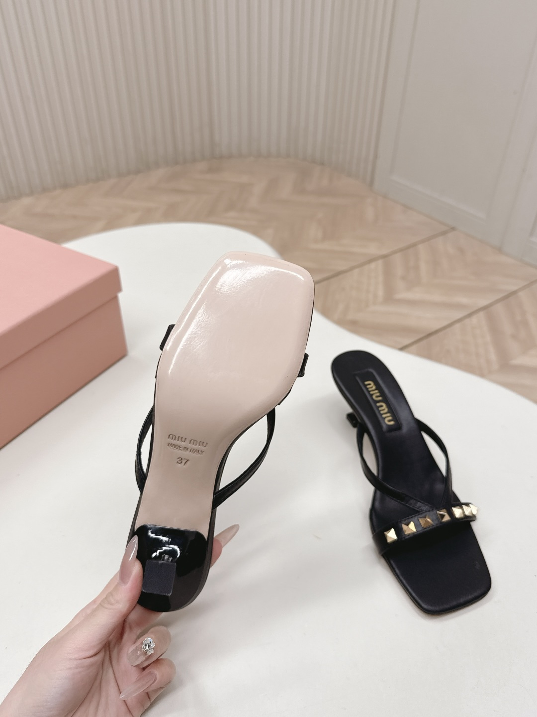Miu Miu Studded Strappy Square Toe High-Heeled Sandals - Image 8