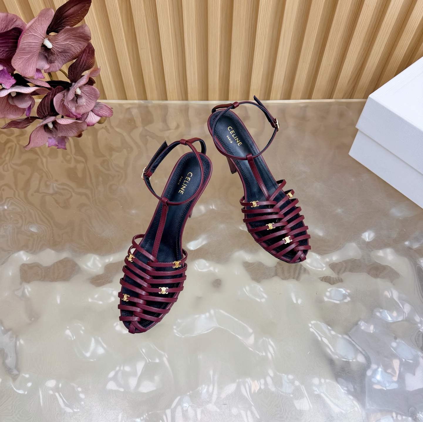 CELINE Metal Woven T-Shaped Triangle High-Heeled Sandals - Image 3