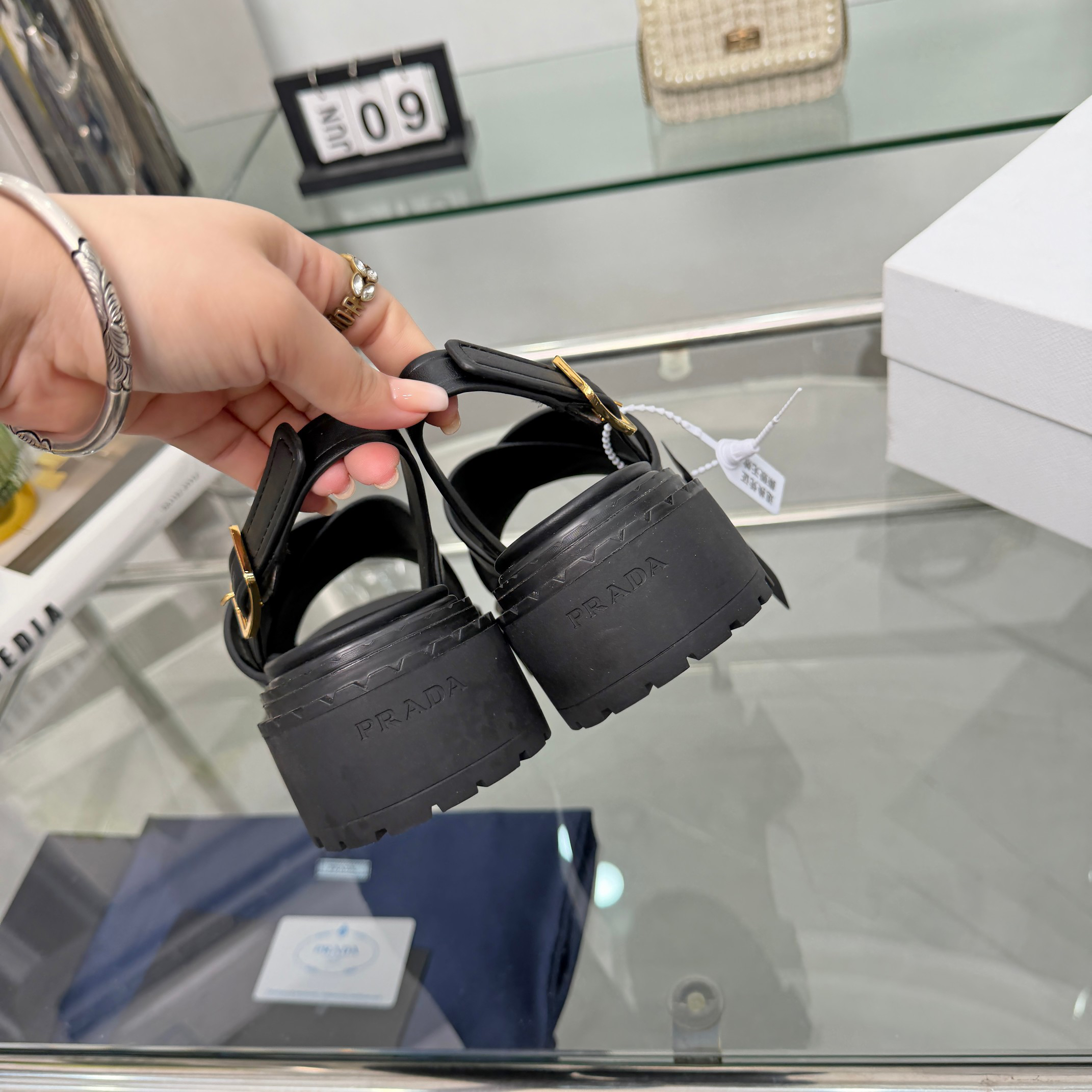 PRADA Triangle Logo Cross Strap Platform Back Buckle Sandals - Image 9