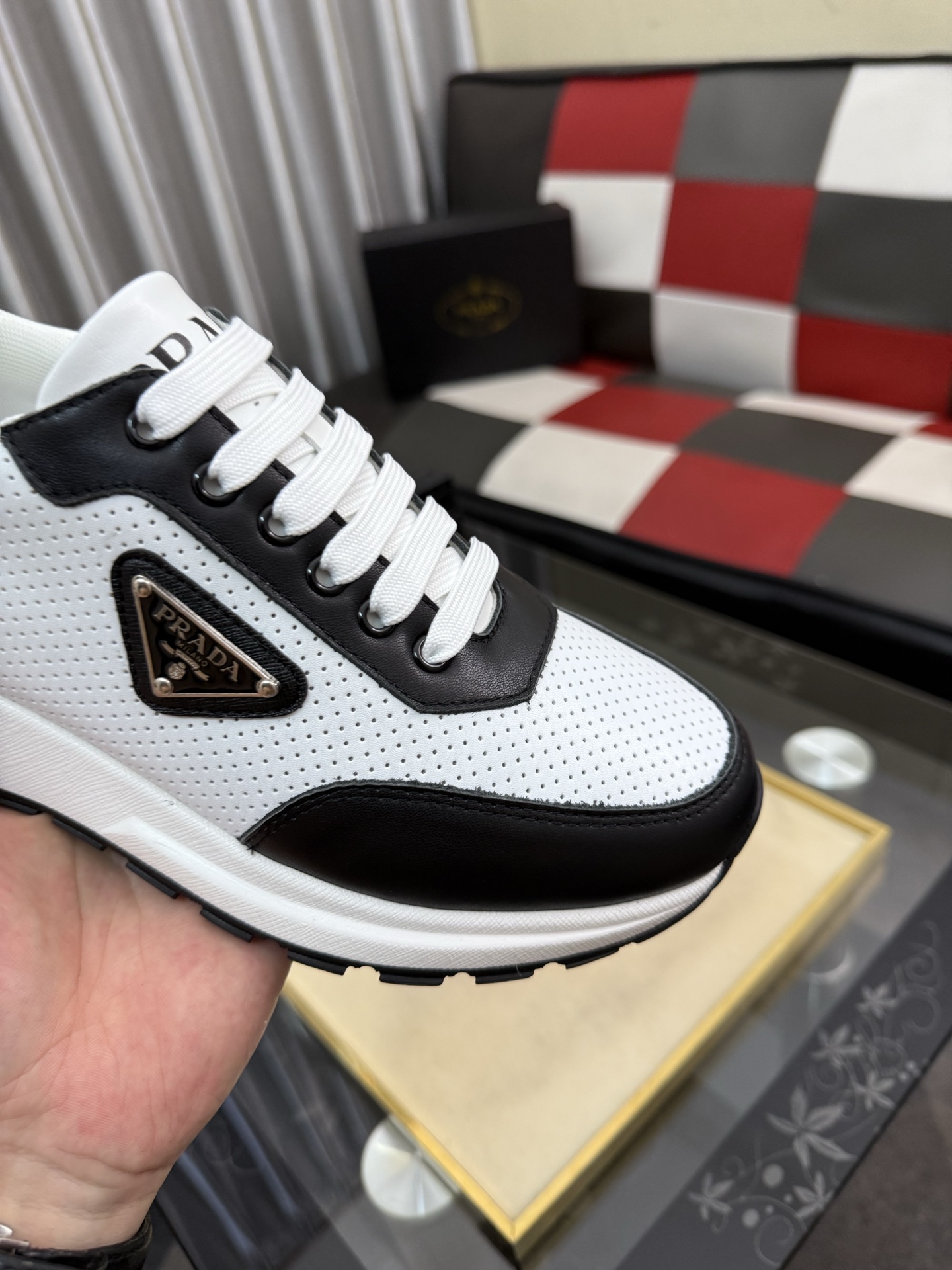 PRADA metal triangle logo perforated leather platform casual sneakers - Image 8