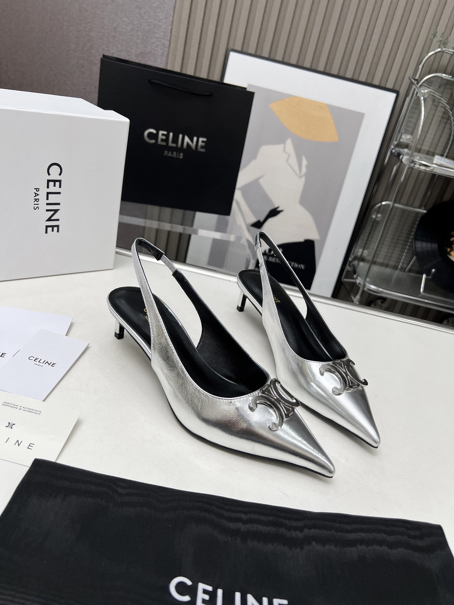 CELINE Arc de Triomphe Pointed-Toe Open-Back Stiletto Sandals - Image 5