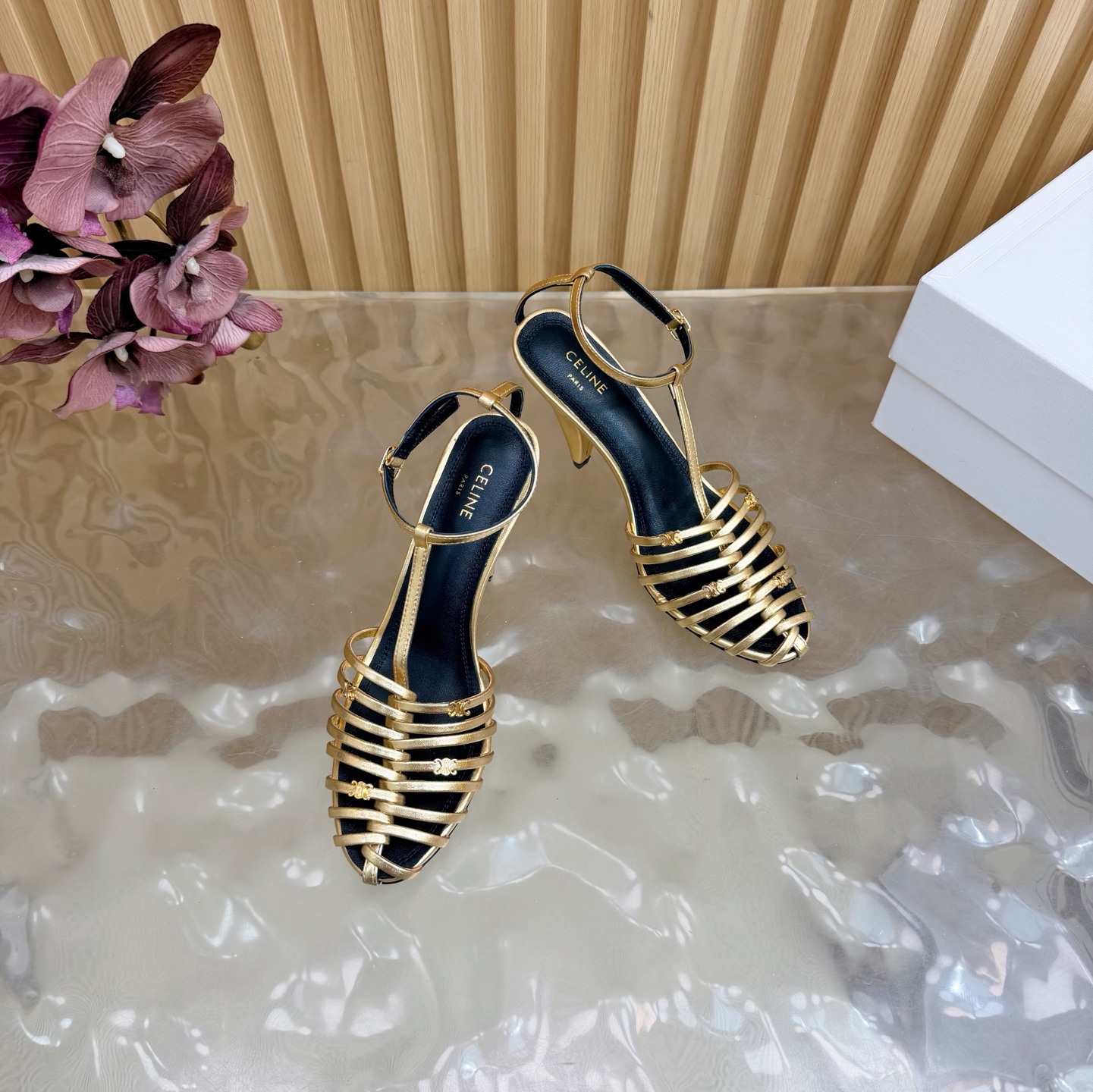 CELINE Metal Woven T-Shaped Triangle High-Heeled Sandals