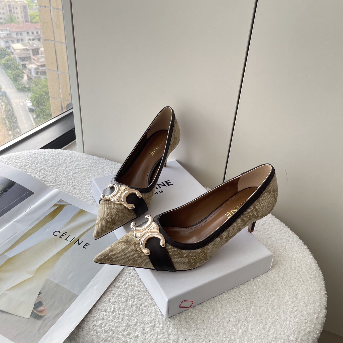CELINE monogram canvas and leather Arc de Triomphe pointed-toe stilettos - Image 7