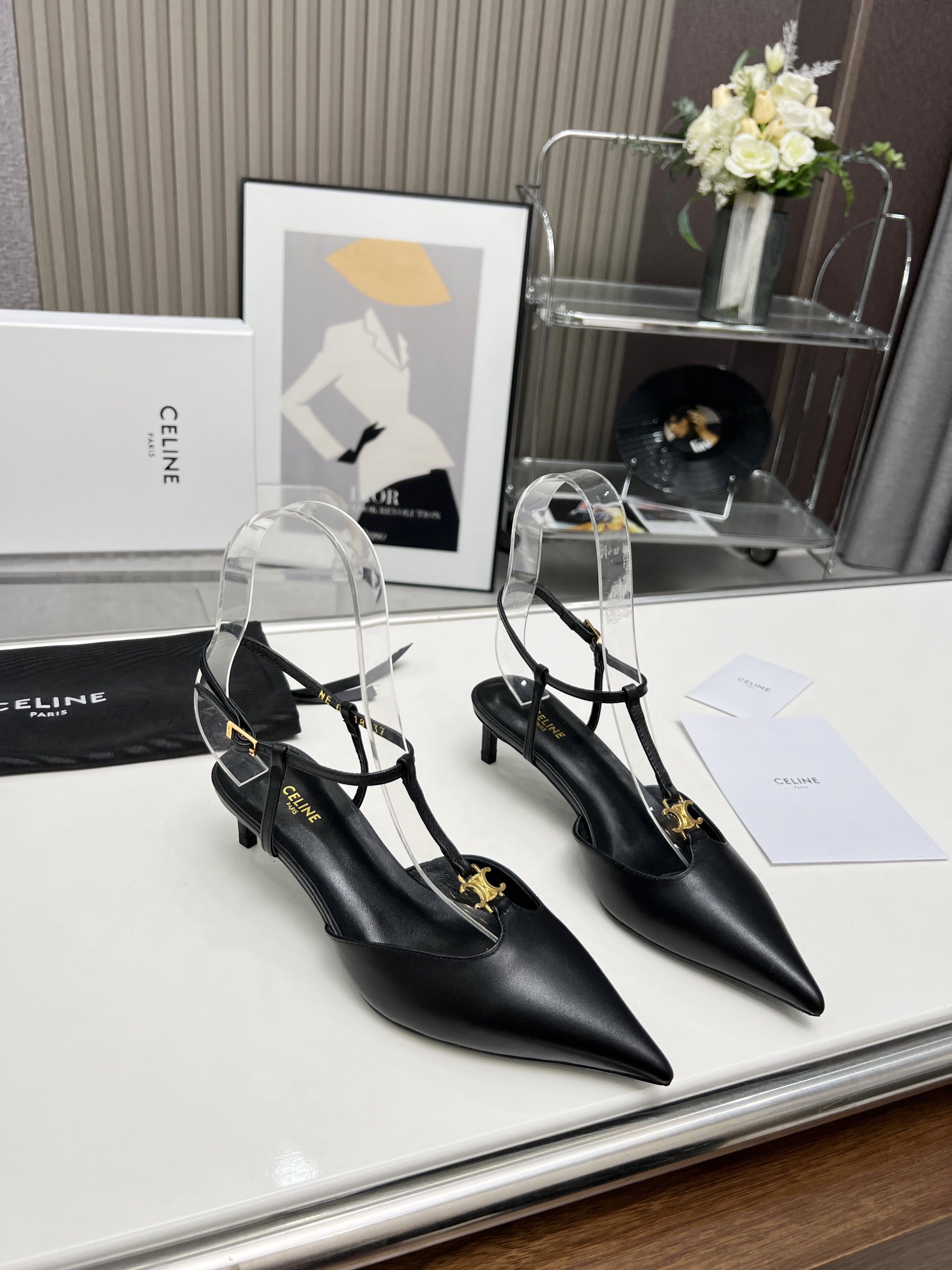CELINE Triomphe T-strap pointed-toe stiletto sandals - Image 6