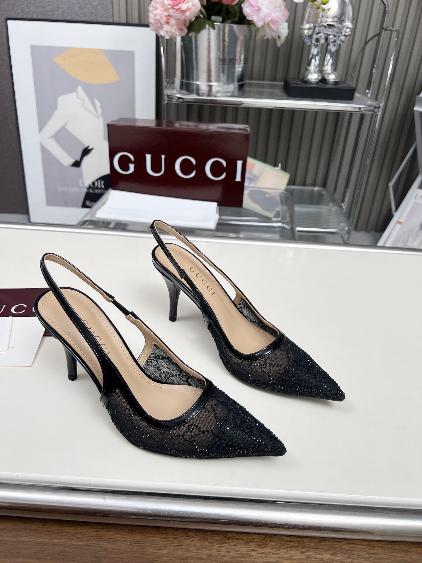 GUCCI Double G Rhinestone Lace Open Back Stiletto Sandals - Image 6