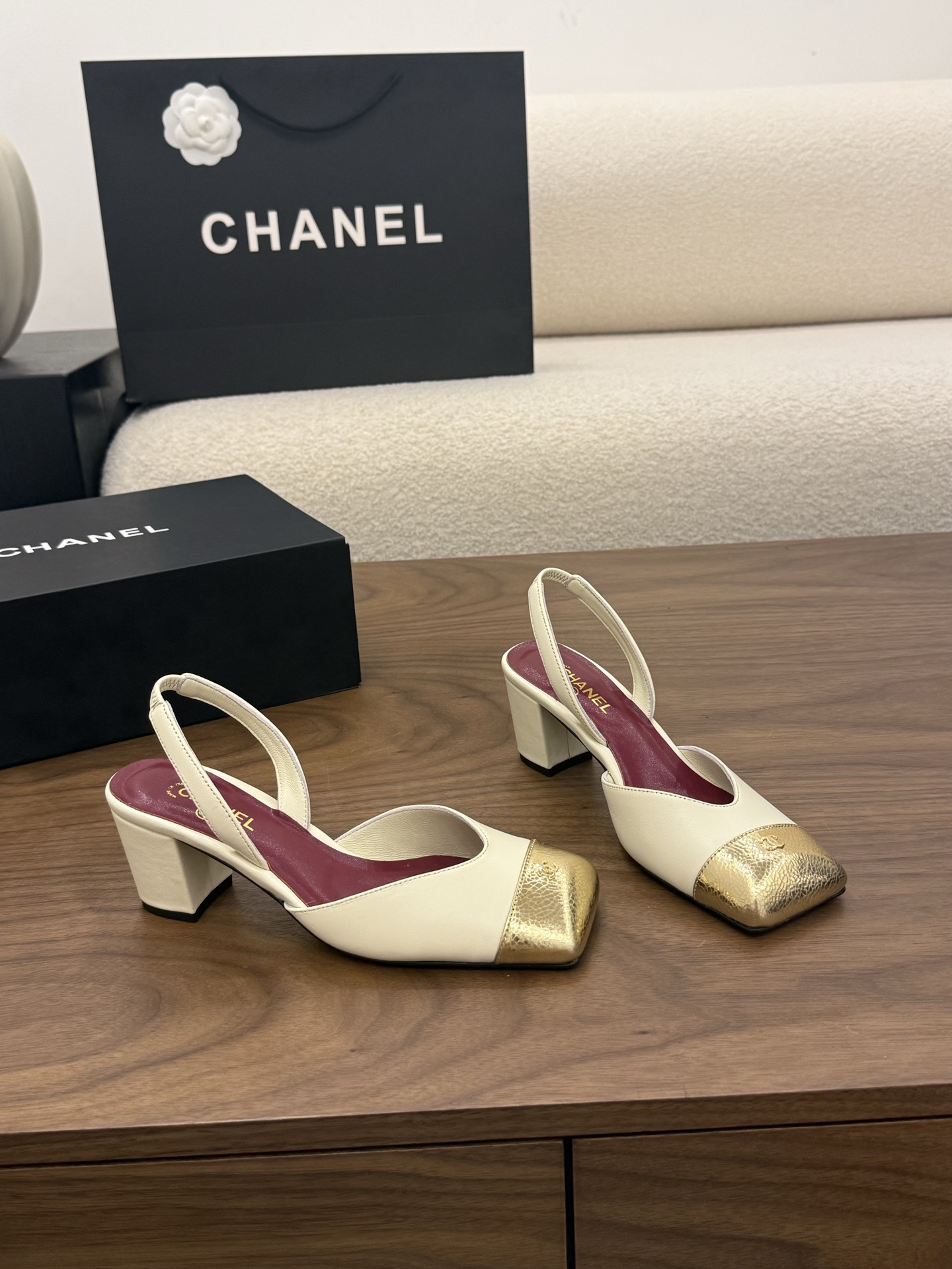 CHANEL Square Toe Open Back Slingback High Heels - Image 13