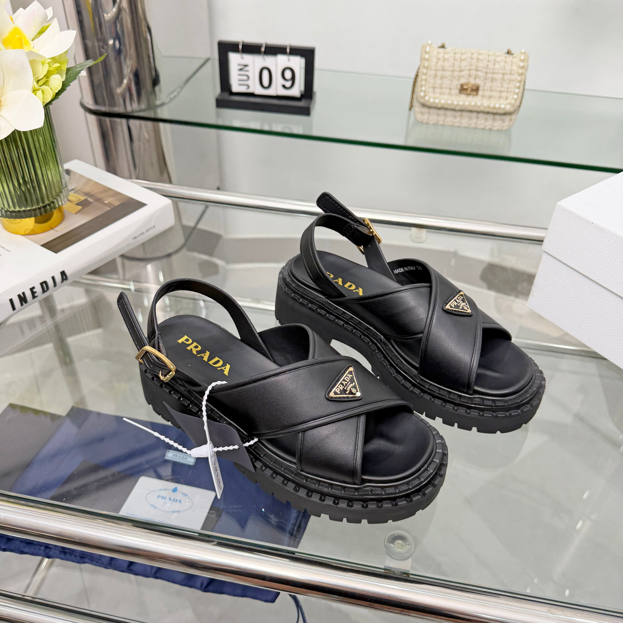 PRADA Triangle Logo Cross Strap Platform Back Buckle Sandals - Image 10
