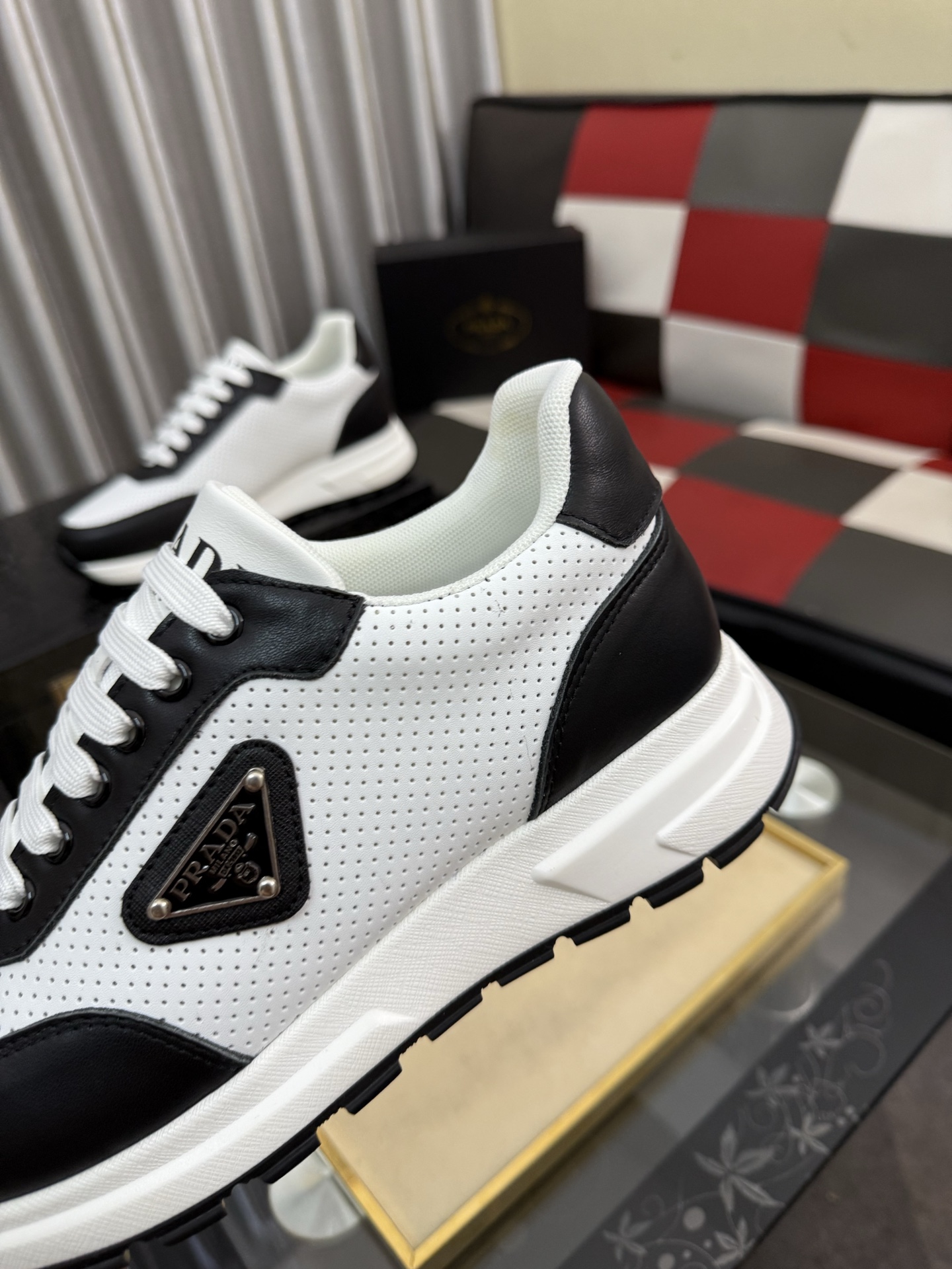 PRADA metal triangle logo perforated leather platform casual sneakers - Image 9