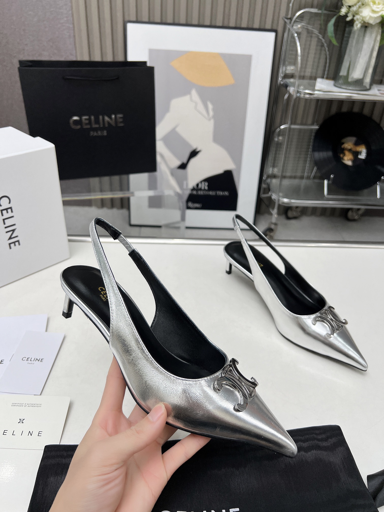 CELINE Arc de Triomphe Pointed-Toe Open-Back Stiletto Sandals - Image 6