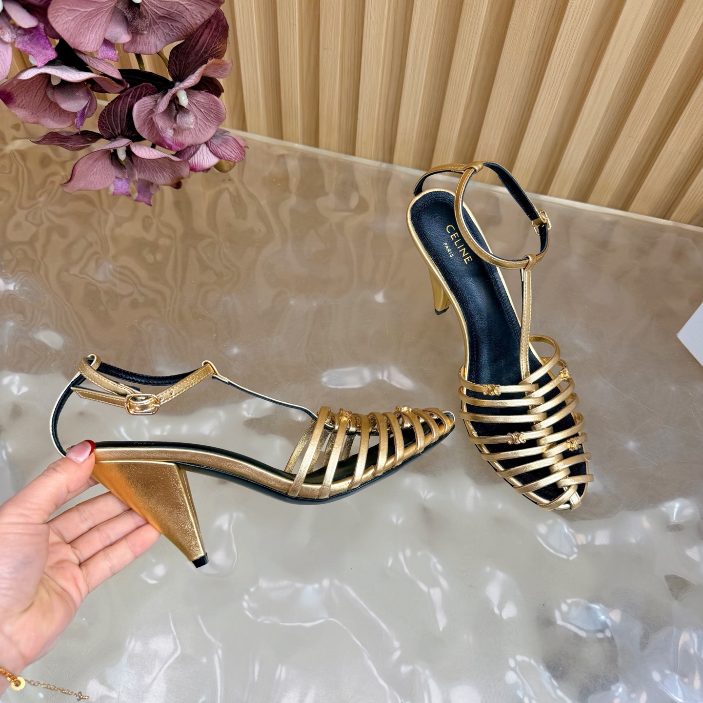CELINE Metal Woven T-Shaped Triangle High-Heeled Sandals - Image 9