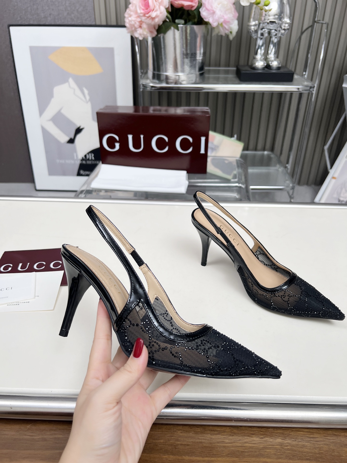 GUCCI Double G Rhinestone Lace Open Back Stiletto Sandals - Image 7