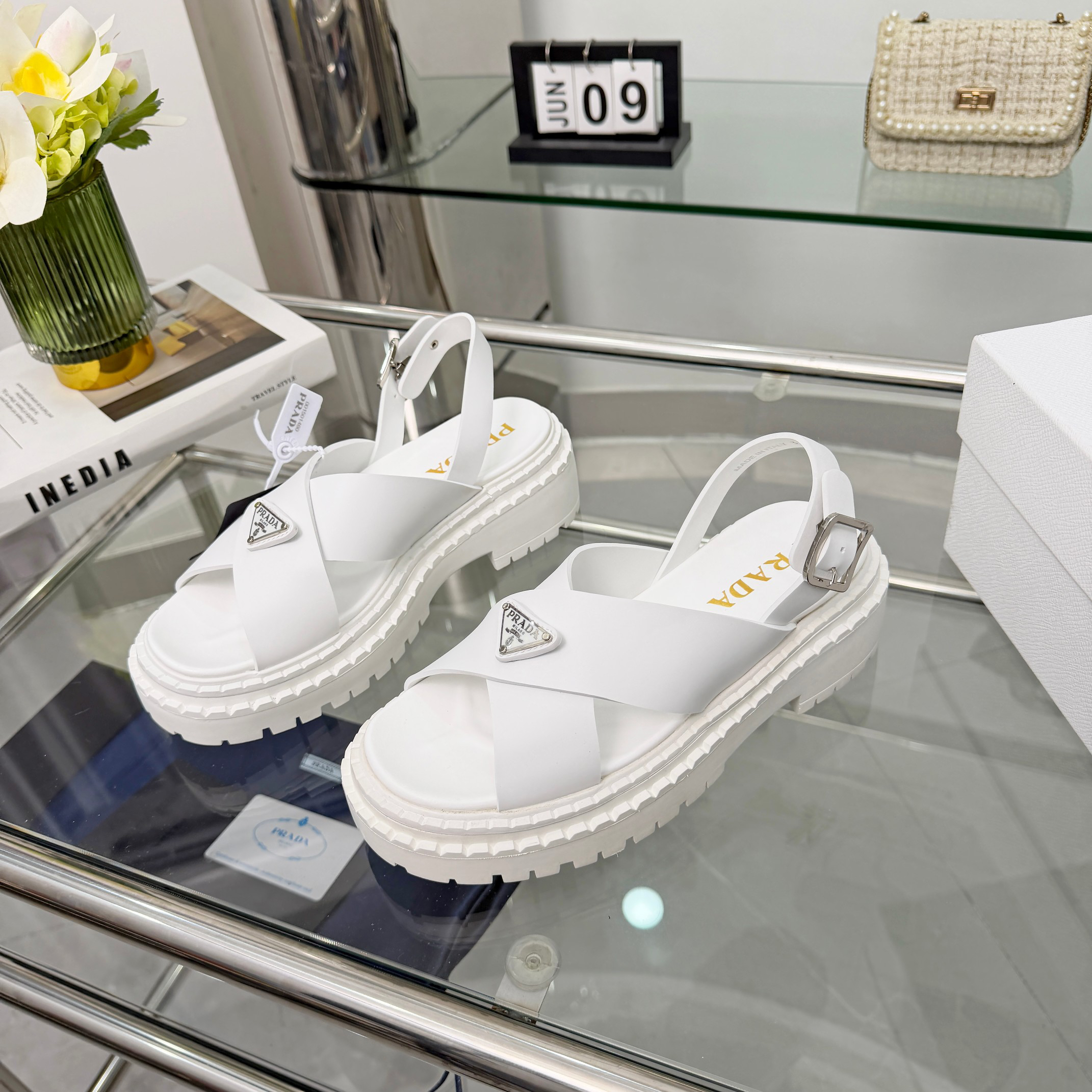 PRADA Triangle Logo Cross Strap Platform Back Buckle Sandals - Image 3