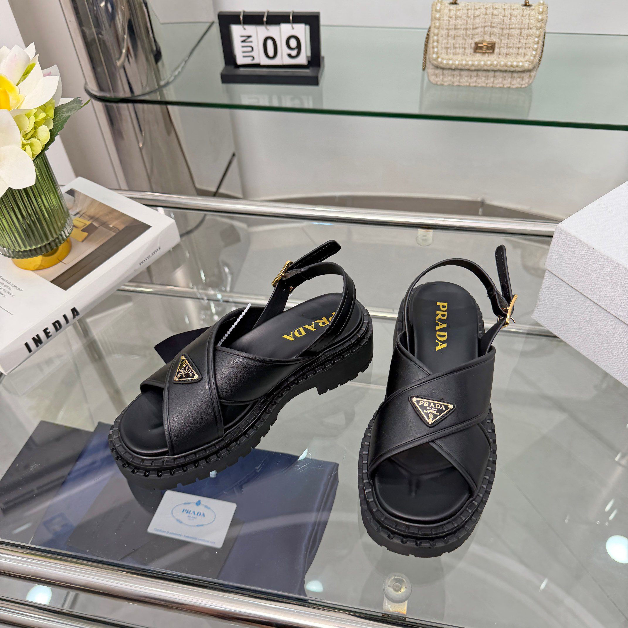 PRADA Triangle Logo Cross Strap Platform Back Buckle Sandals - Image 11