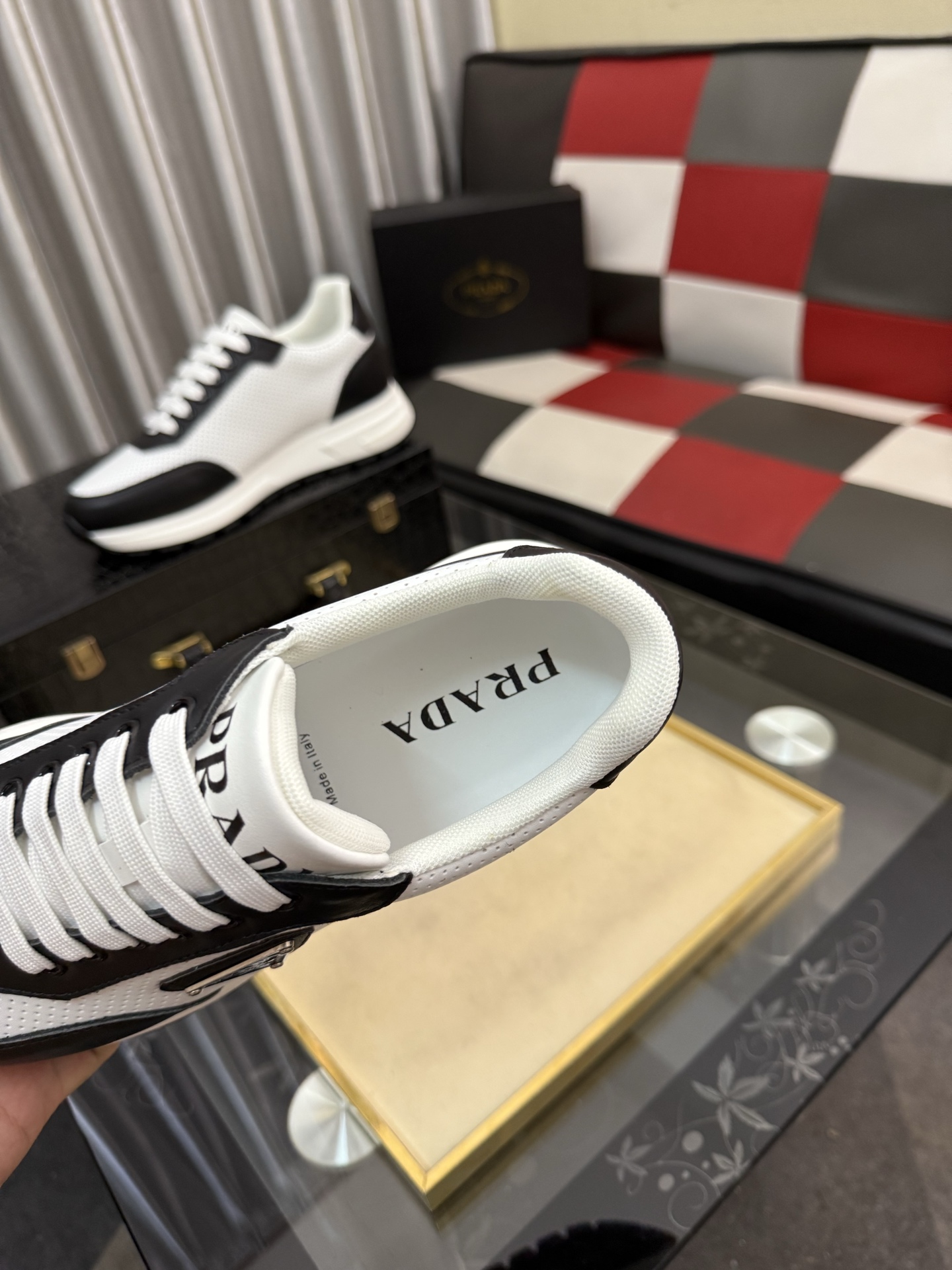 PRADA metal triangle logo perforated leather platform casual sneakers - Image 10