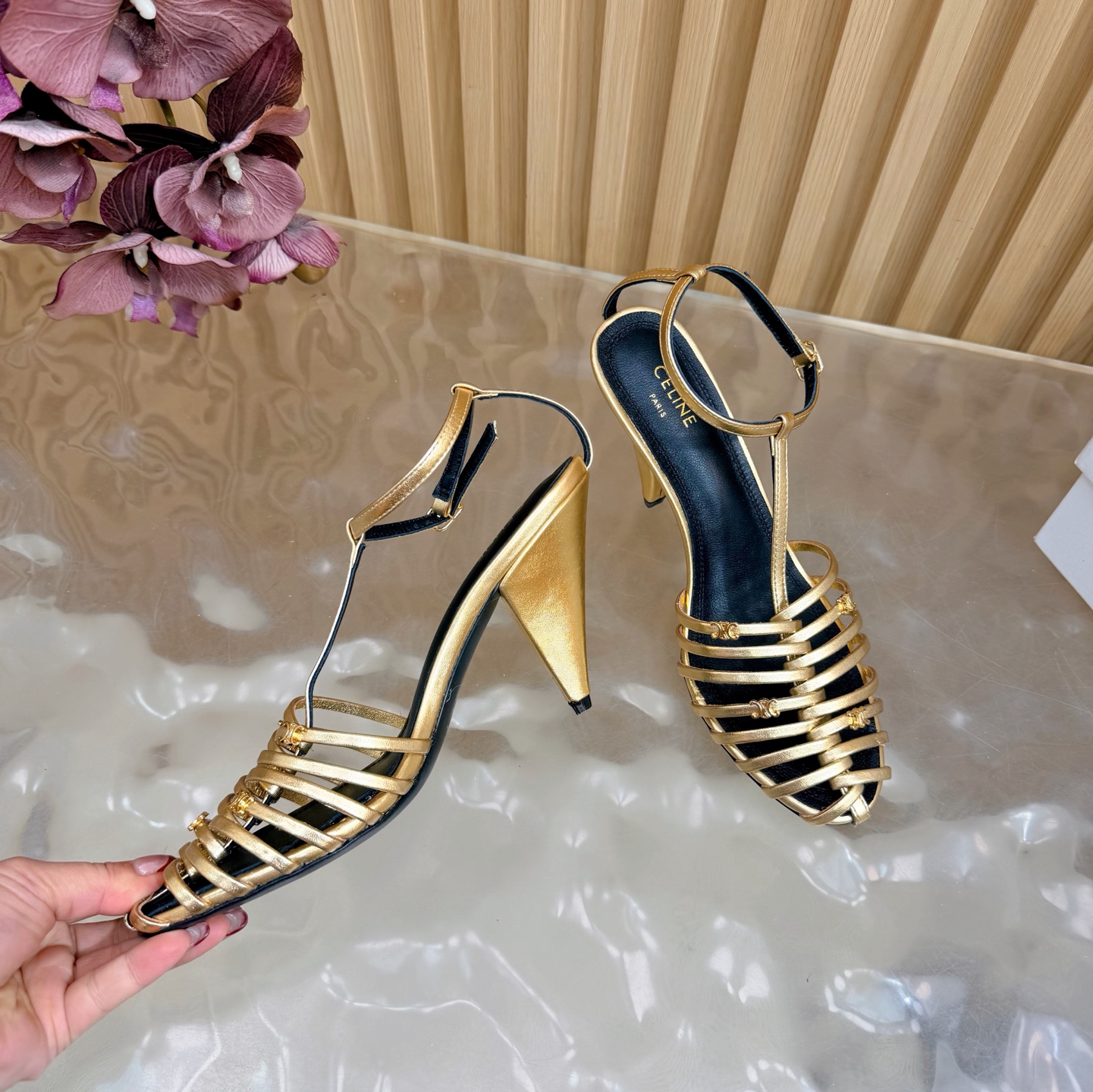 CELINE Metal Woven T-Shaped Triangle High-Heeled Sandals - Image 10