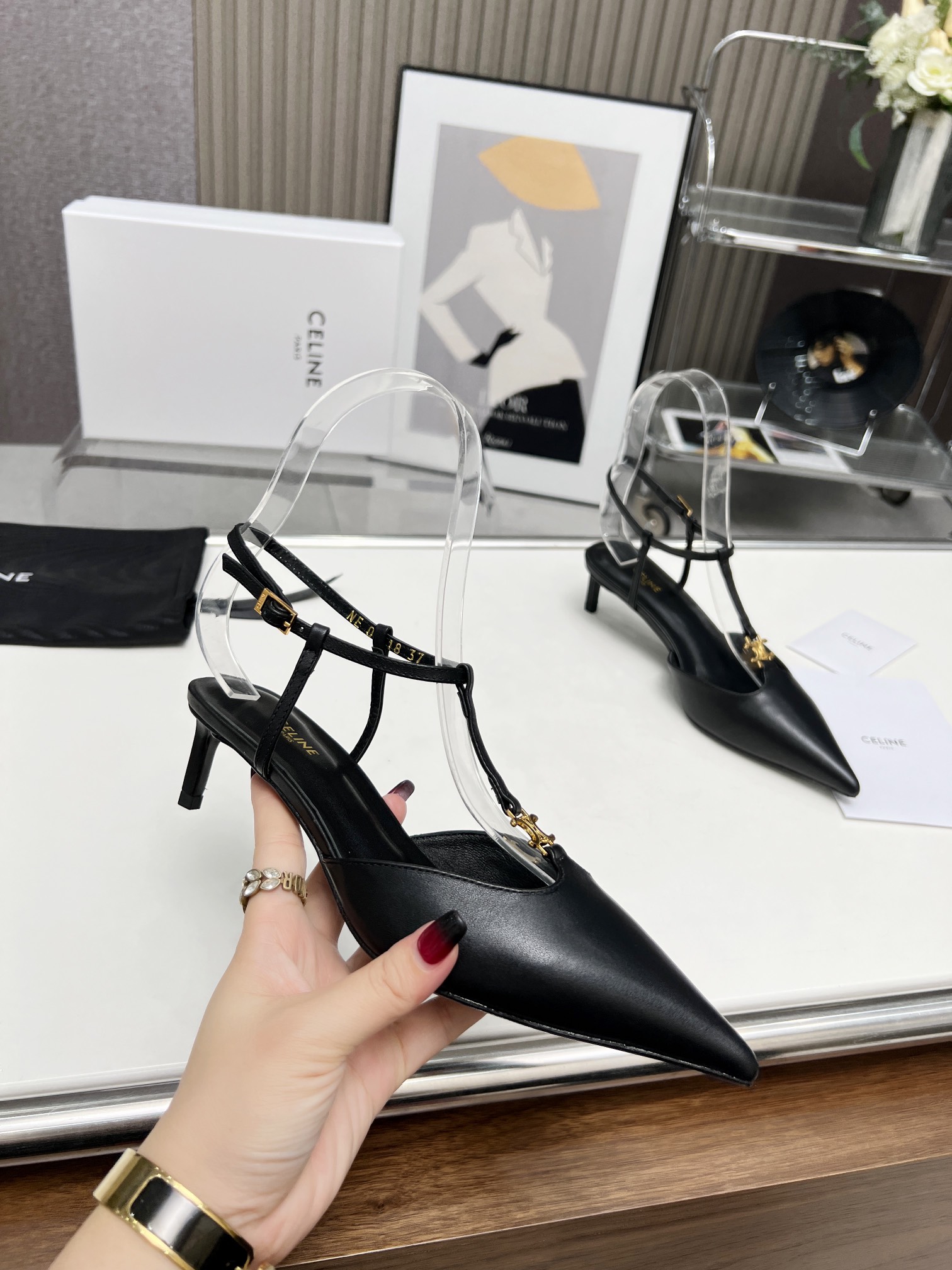 CELINE Triomphe T-strap pointed-toe stiletto sandals - Image 8