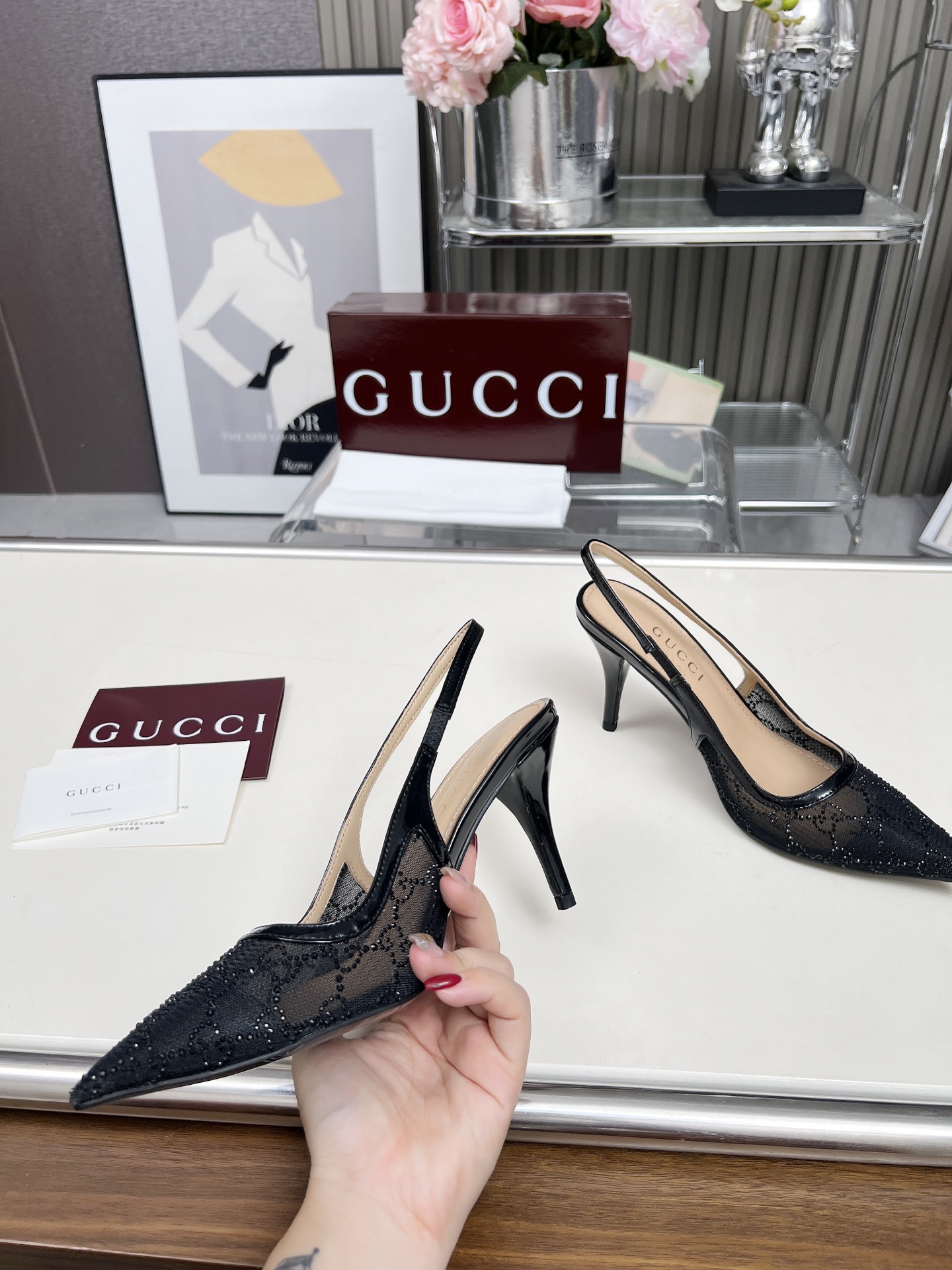 GUCCI Double G Rhinestone Lace Open Back Stiletto Sandals - Image 8