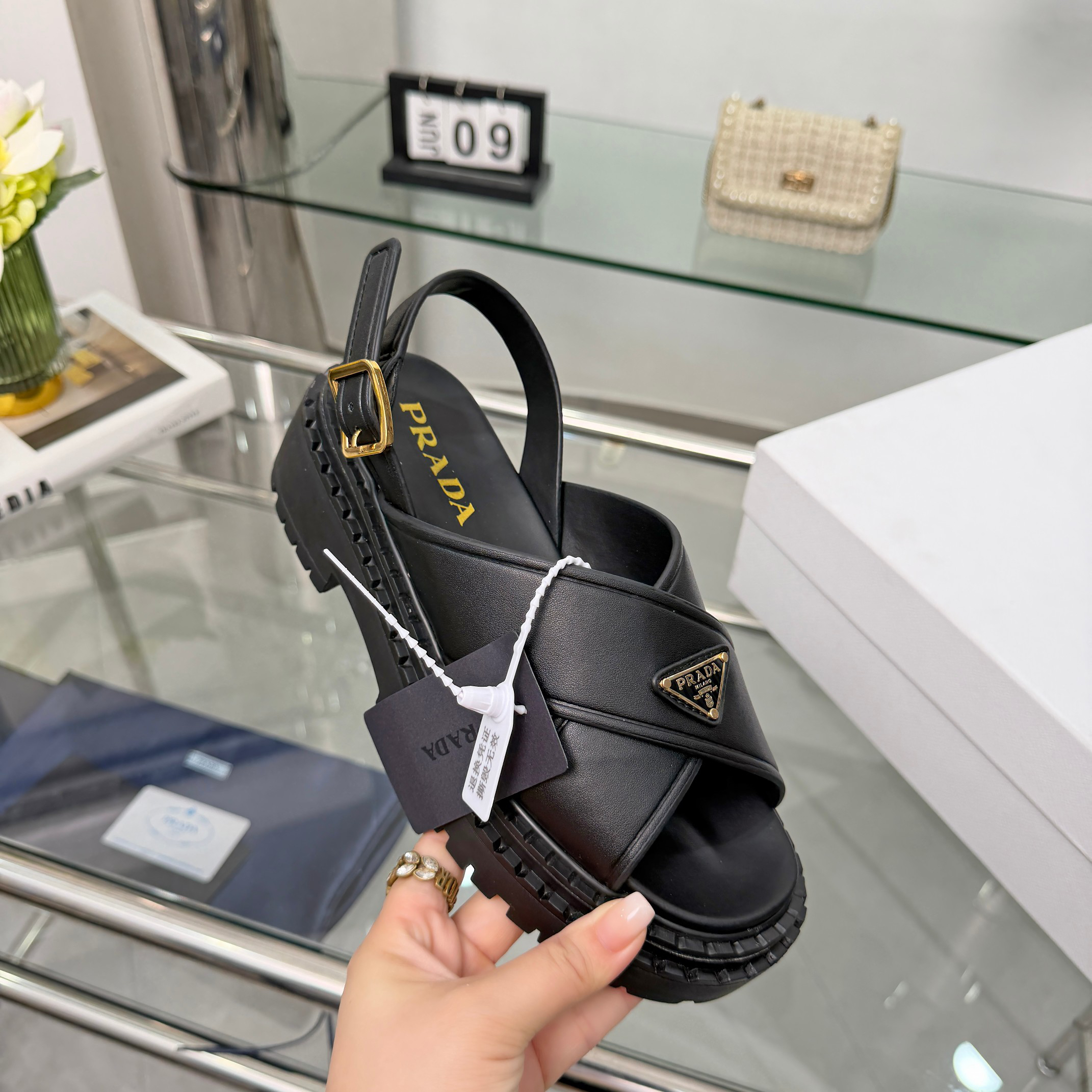 PRADA Triangle Logo Cross Strap Platform Back Buckle Sandals - Image 12