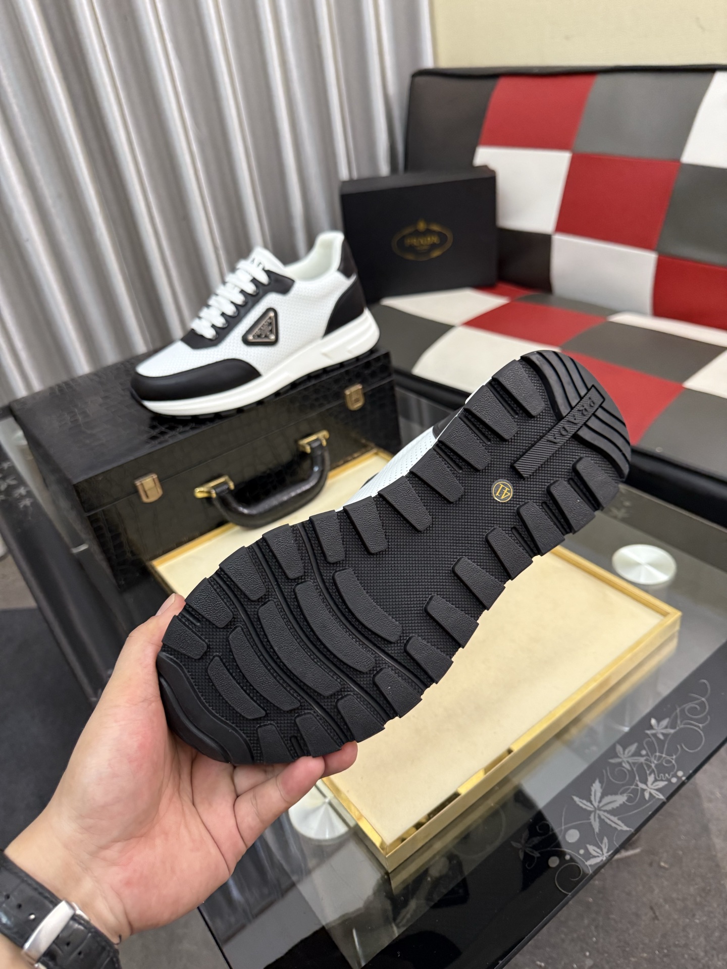 PRADA metal triangle logo perforated leather platform casual sneakers - Image 11