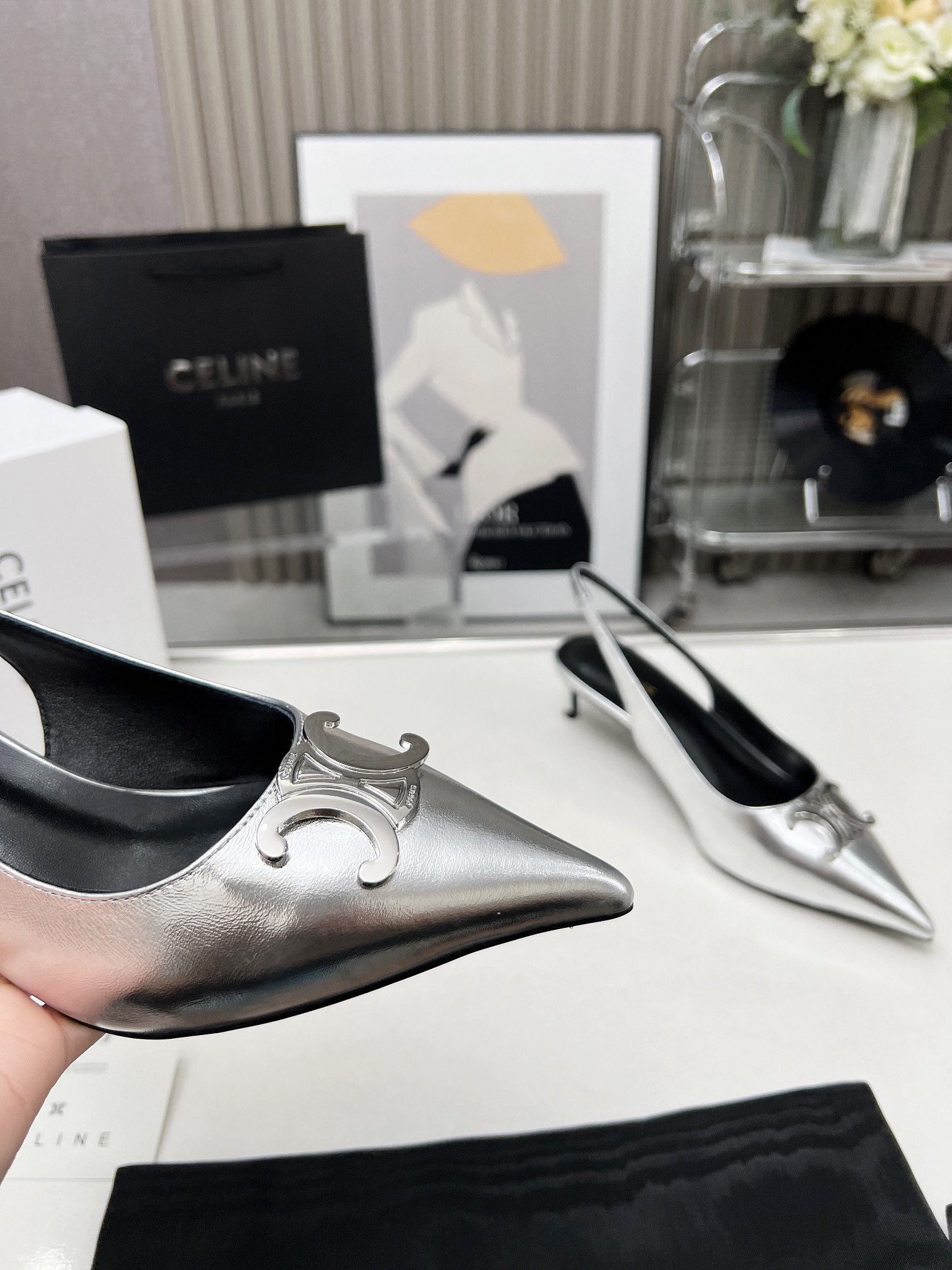 CELINE Arc de Triomphe Pointed-Toe Open-Back Stiletto Sandals - Image 8