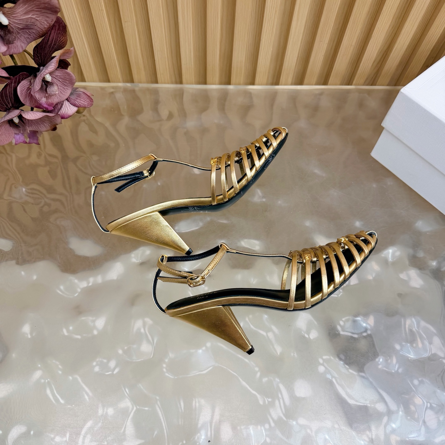 CELINE Metal Woven T-Shaped Triangle High-Heeled Sandals - Image 11