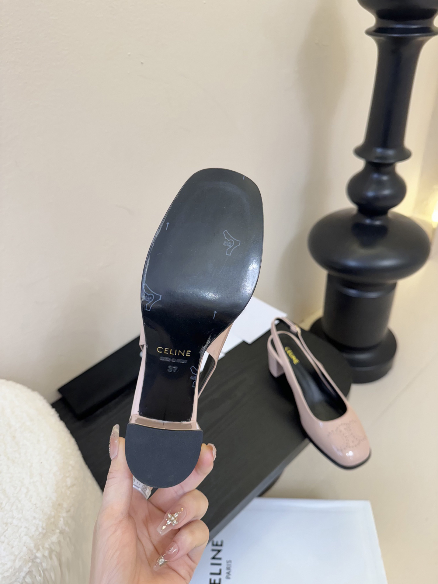 CELINE Perforated Arc de Triomphe Backless Chunky Heel Mary Jane Sandals - Image 11