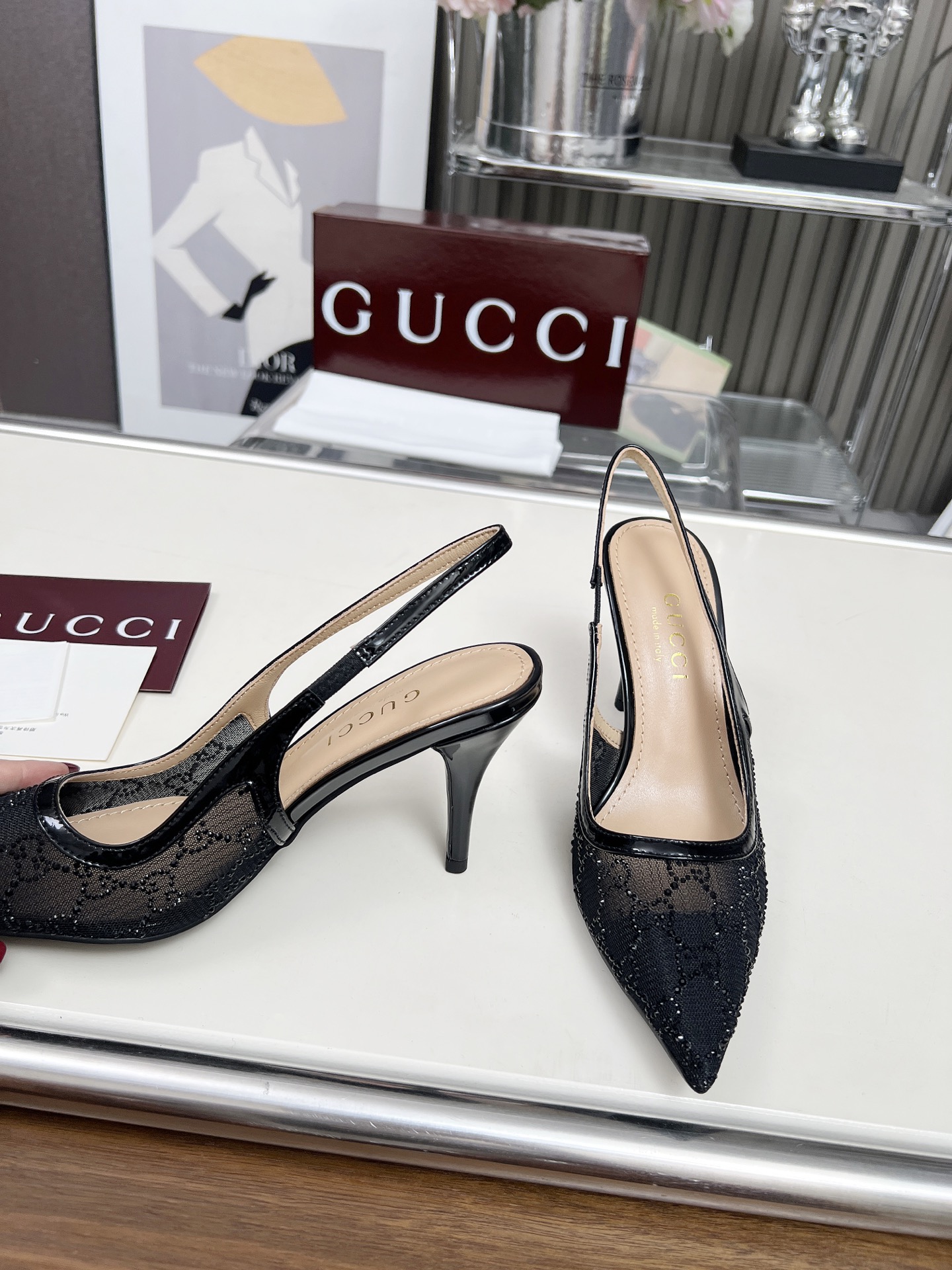 GUCCI Double G Rhinestone Lace Open Back Stiletto Sandals - Image 9