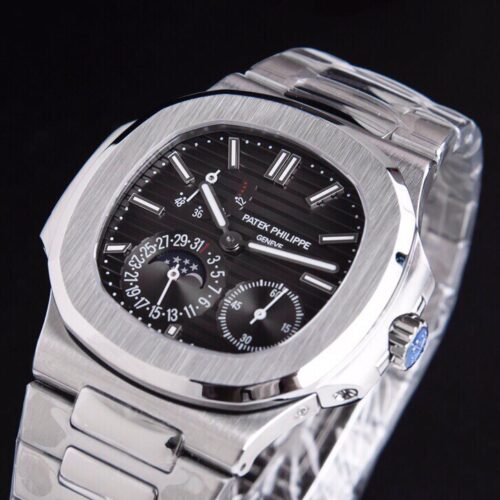 Alternative view of Patek Philippe Nautilus Black Dial Steel Moon Phase Watch