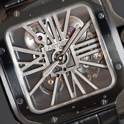 Alternative view of Cartier Santos-Dumont all-black skeletonized manual-winding watch